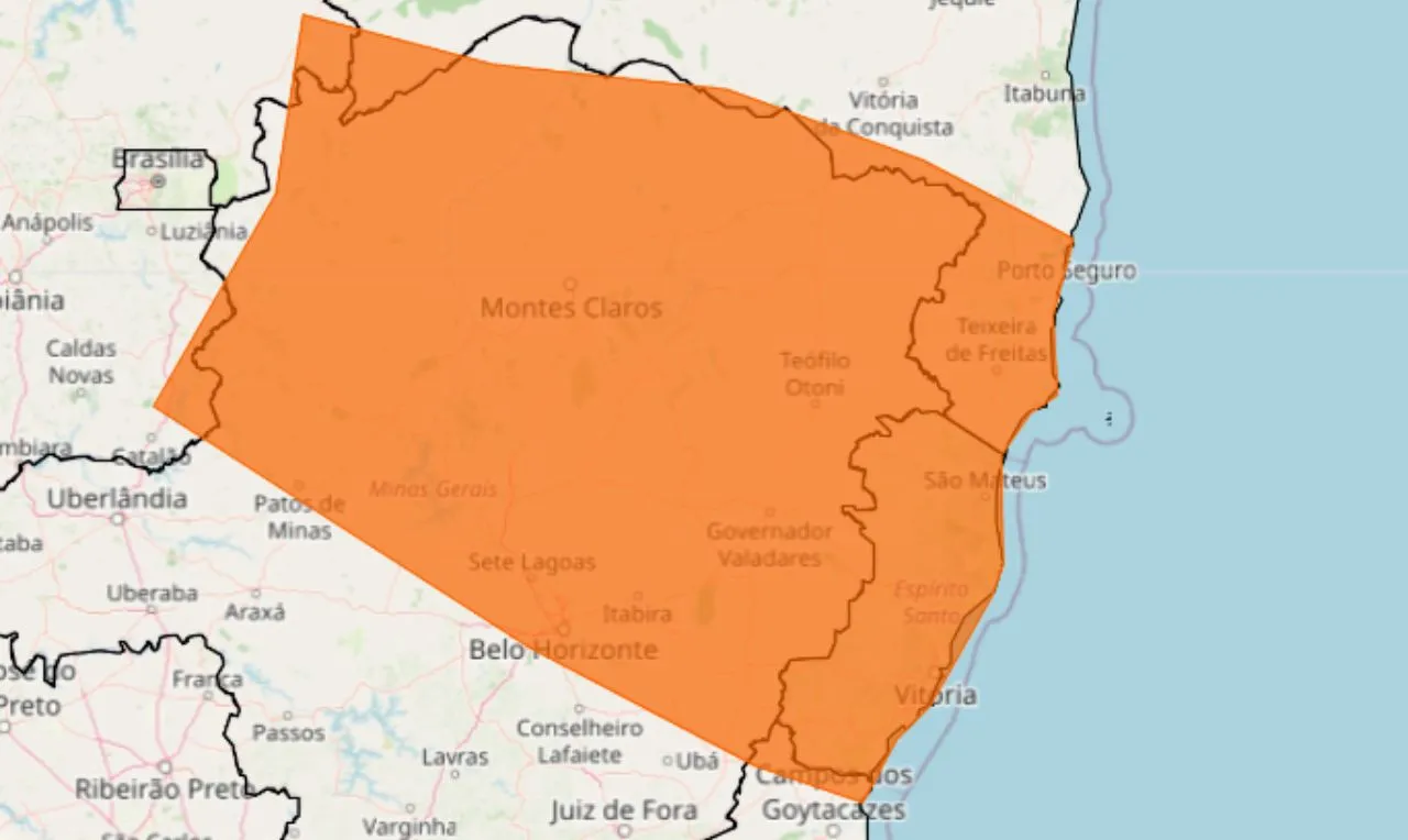 O mapa mostra &agrave;s &aacute;reas em alerta para chuva e tempestade